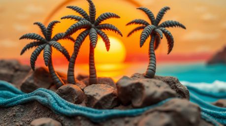 An extreme macro close-up showcases a meticulously sculpted clay artwork depicting a vibrant tropical beach sunset.  Intricat