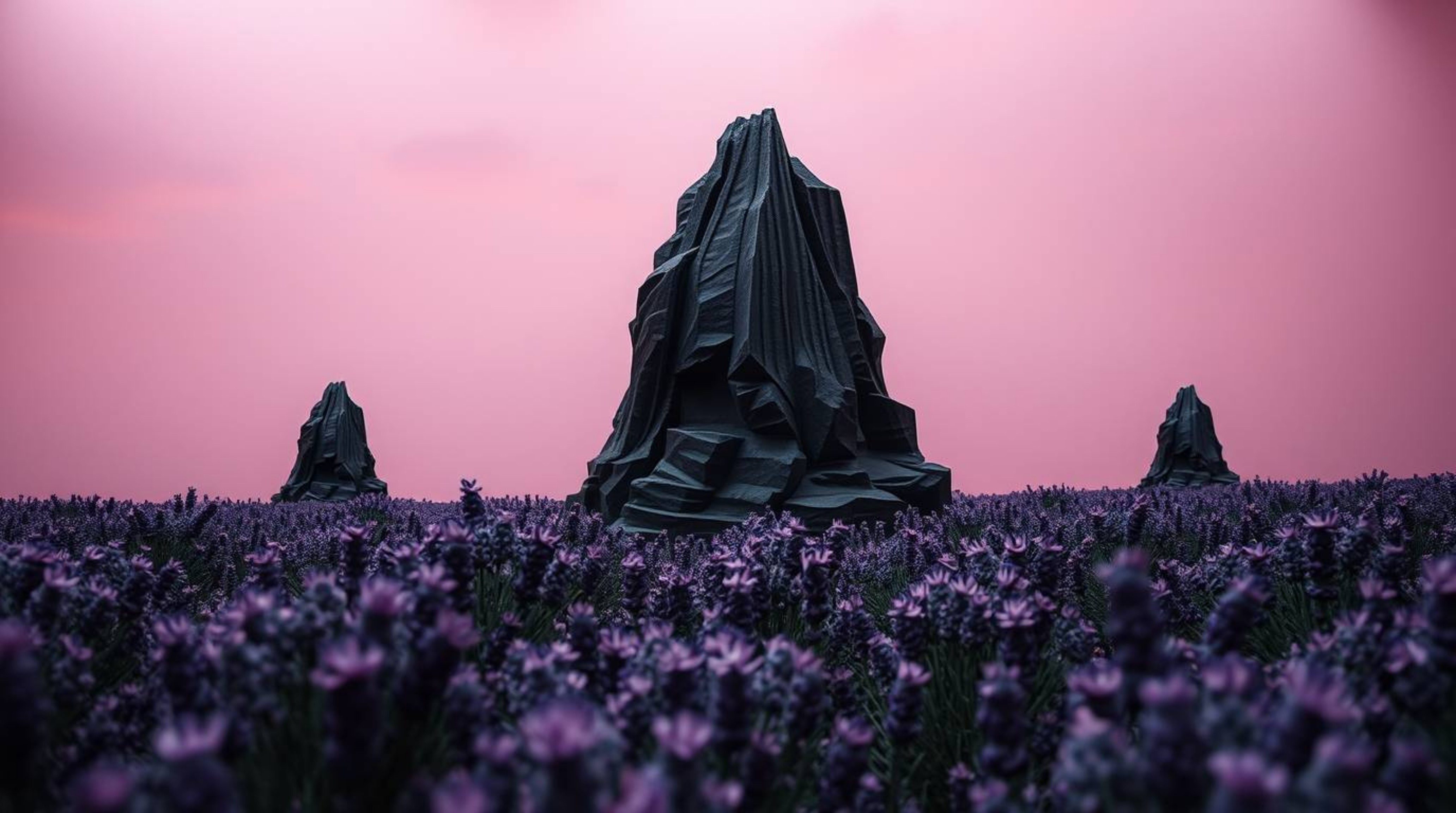 This intense jet black papier-mâché sculpture captures the ethereal beauty of lavender fields illuminated under a dreamy pink