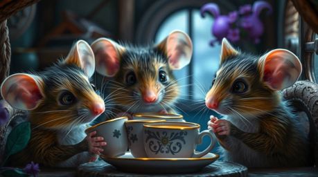 Delightful digital artwork featuring anthropomorphic mice with expressive eyes enjoying a tea party in a cozy cottage.  The s