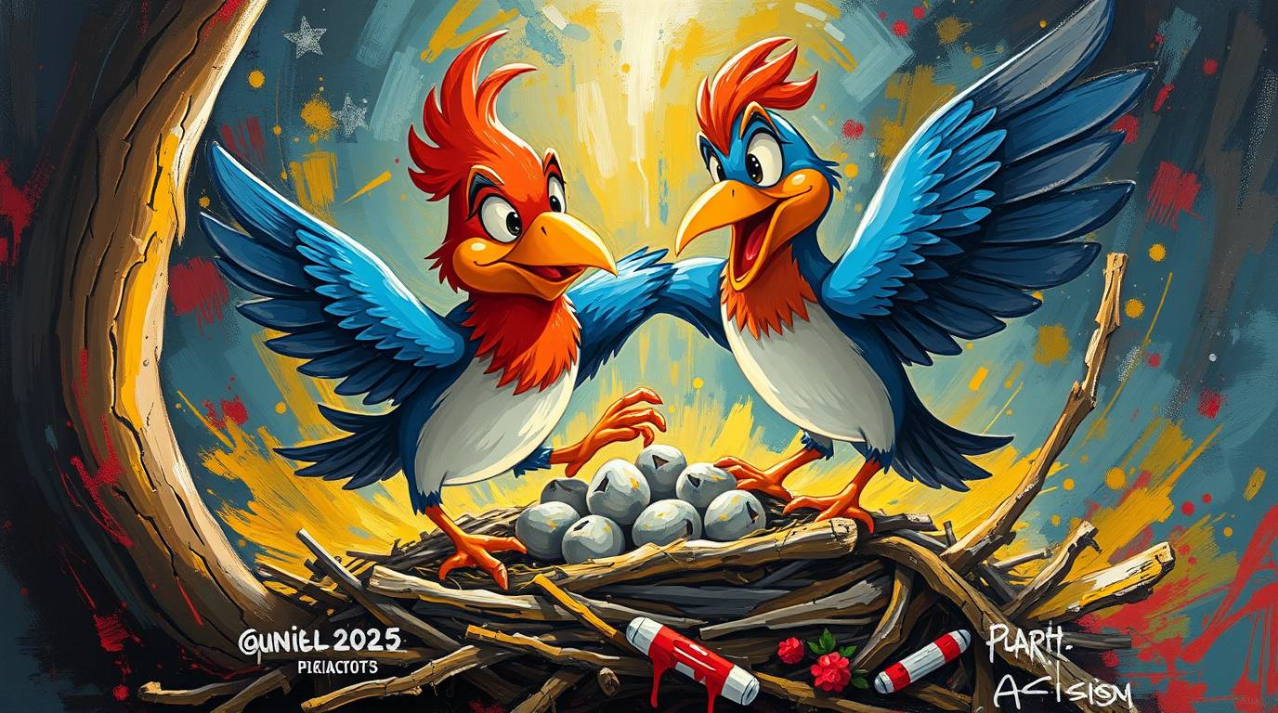 A captivating acrylic painting showcasing two cartoon birds diligently building their nest in the timeless style of classic a