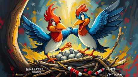 A captivating acrylic painting showcasing two cartoon birds diligently building their nest in the timeless style of classic a