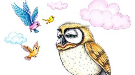 A heartwarming hand-drawn sketch in Pixar style depicts a blind owl with endearing wrinkled facial features, passionately tea