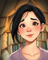 A person with adorable, charming features and fair skin stumbles upon a hidden underground library bathed in soft lighting. T