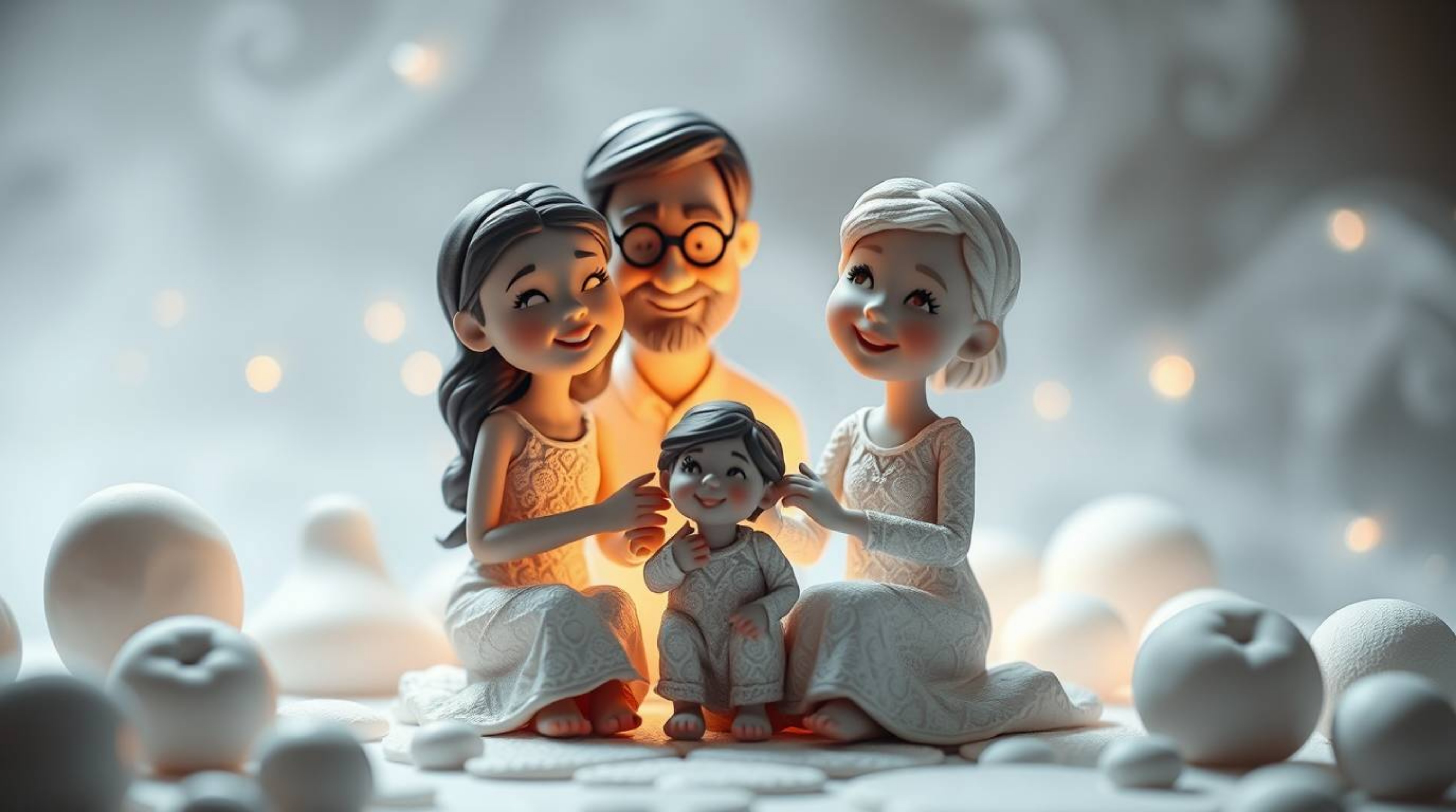 This sculptural clay artwork depicts an ethereal and spiritual family reunion in a Pixar style, showcasing textured and model