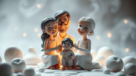 This sculptural clay artwork depicts an ethereal and spiritual family reunion in a Pixar style, showcasing textured and model