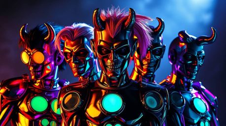 Discover a captivating image of a misfit heroes team, rendered in vibrant iridescent colors and dramatic lighting.  The high-