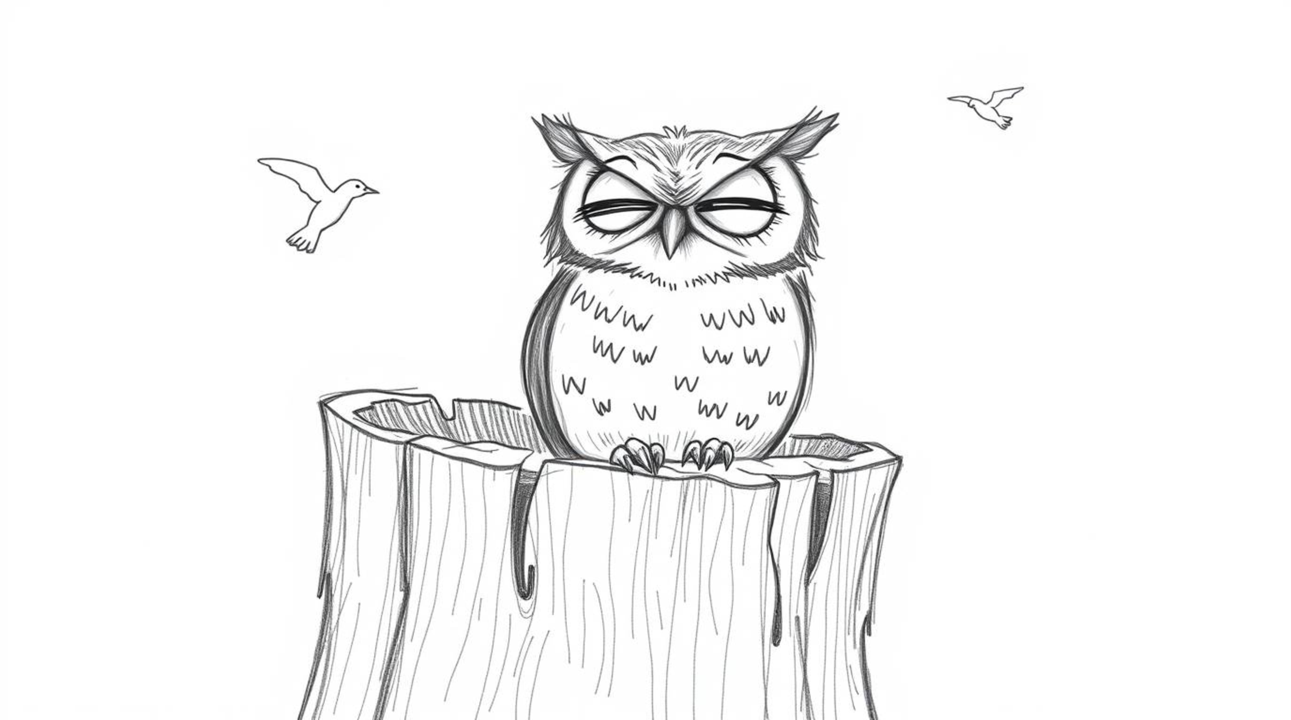 A heartwarming hand-drawn sketch in the style of Pixar depicts a blind owl with expressive wrinkles, joyfully cheering from a