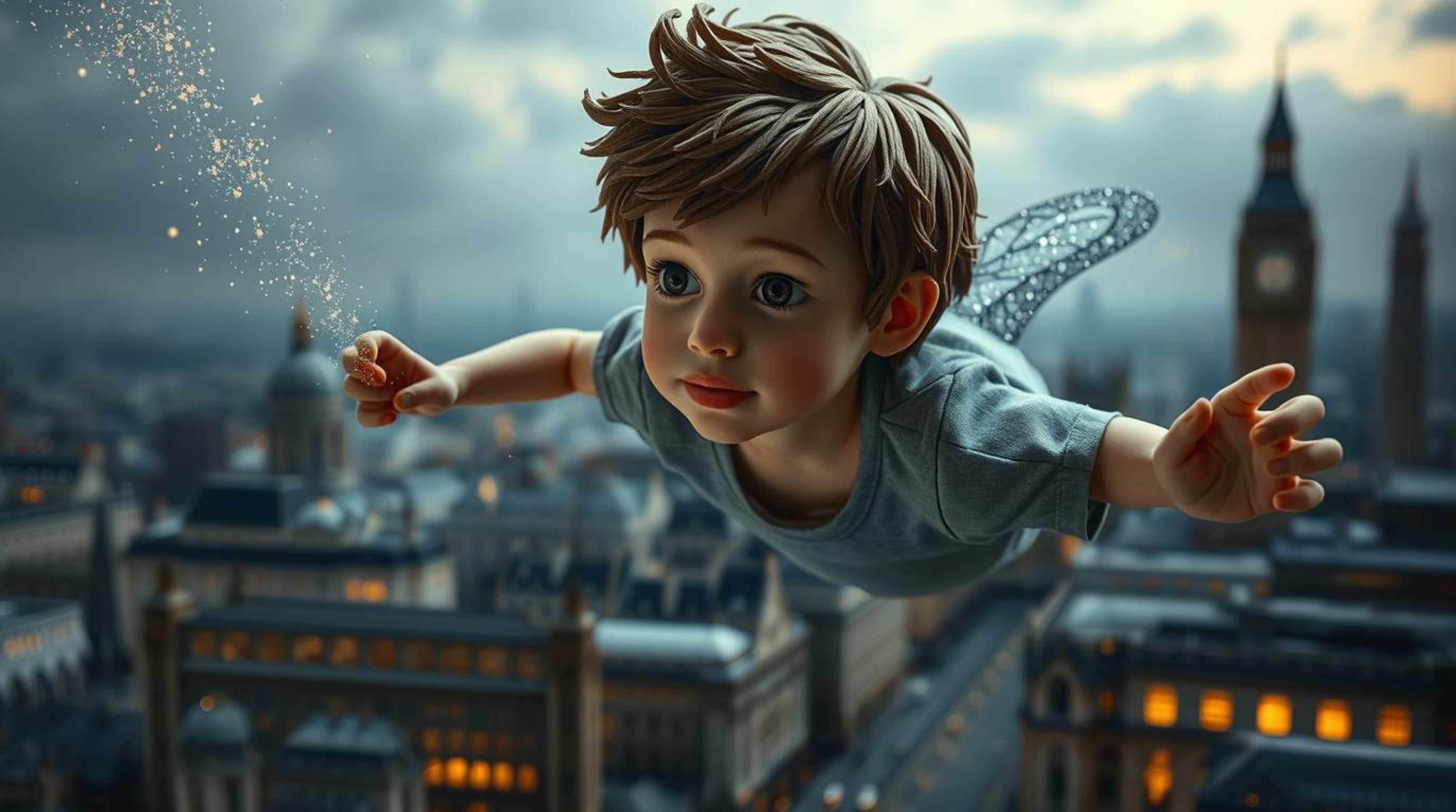 A captivating papier-mâché sculpture depicts a young boy with tousled brown hair, soaring above a detailed London cityscape w
