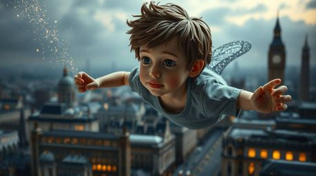 A captivating papier-mâché sculpture depicts a young boy with tousled brown hair, soaring above a detailed London cityscape w