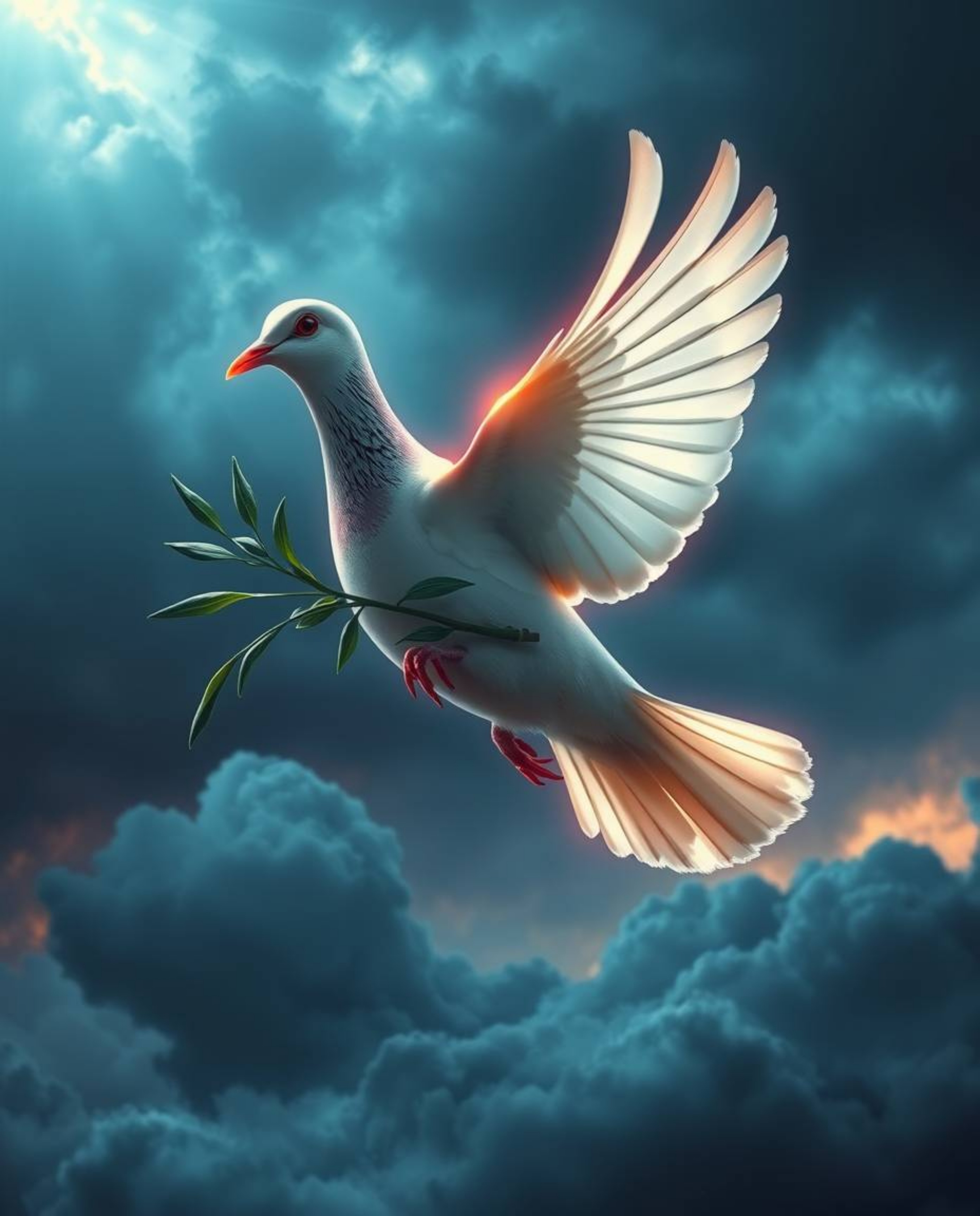 A symbolic image of hope and peace emerges as a dove carries an olive branch through turbulent, stormy skies. The artwork fea