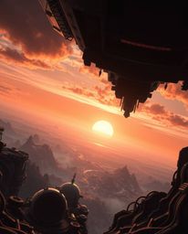 Experience a breathtaking high-angle view of a sunrise over a war-ravaged, futuristic landscape.  This sci-fi scene incorpora