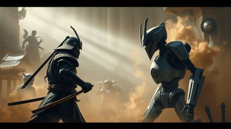 A captivating oil painting depicts a dramatic face-off between a samurai warrior and a menacing robot within a desolate, dyst