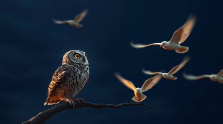 A captivating long-exposure photograph showcasing a blind owl, rendered in a Pixar-inspired style, guiding birds in their fir