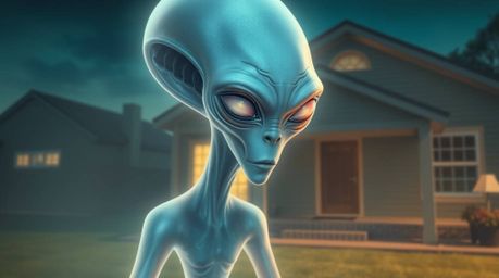 A translucent alien with pale skin and glowing eyes residing in a suburban home, captured in an ethereal and spiritual style.