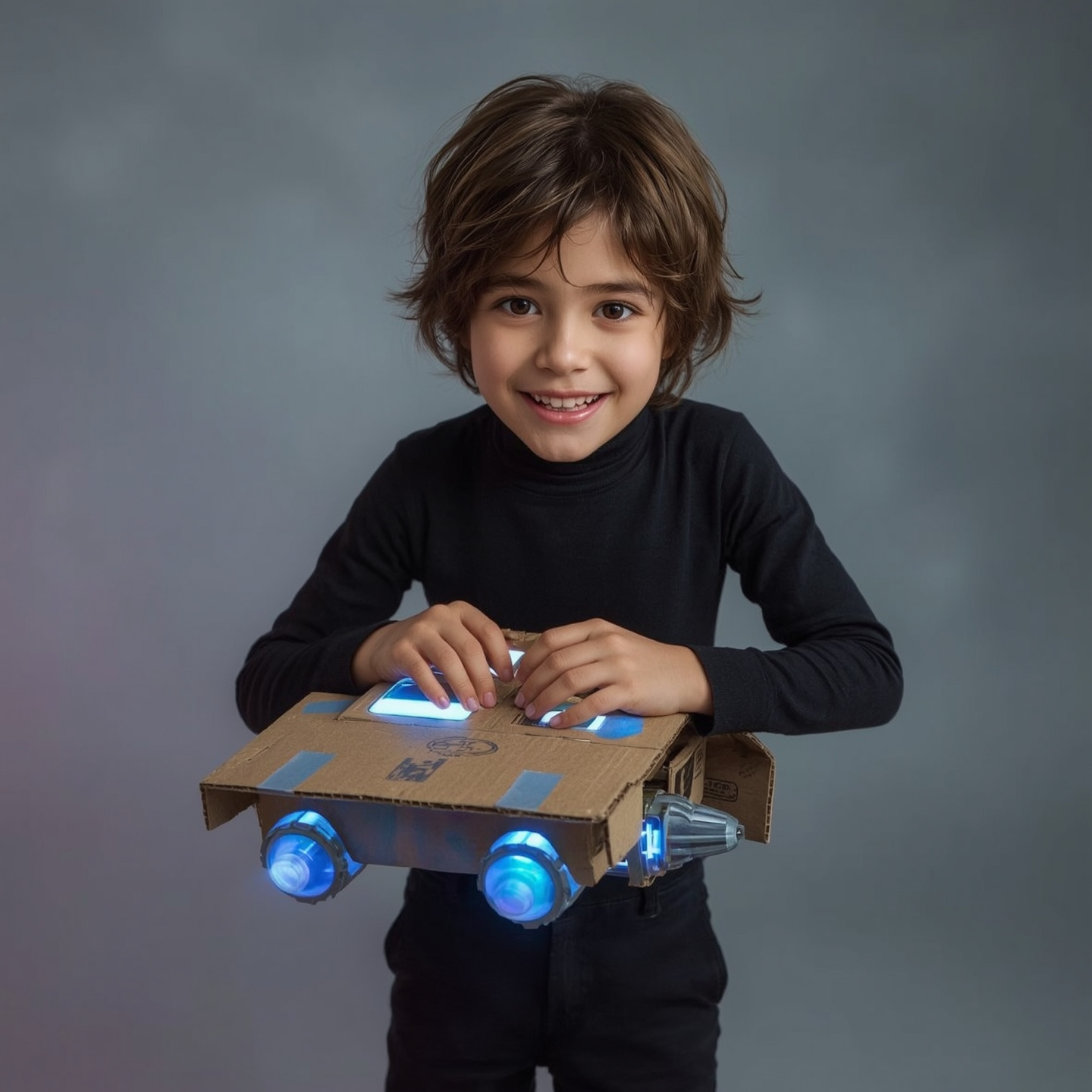 A captivating high fashion photograph captures a young boy with messy brown hair and bright eyes, radiating joy as he meticul