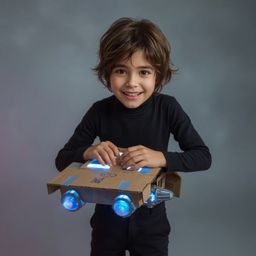 A captivating high fashion photograph captures a young boy with messy brown hair and bright eyes, radiating joy as he meticul