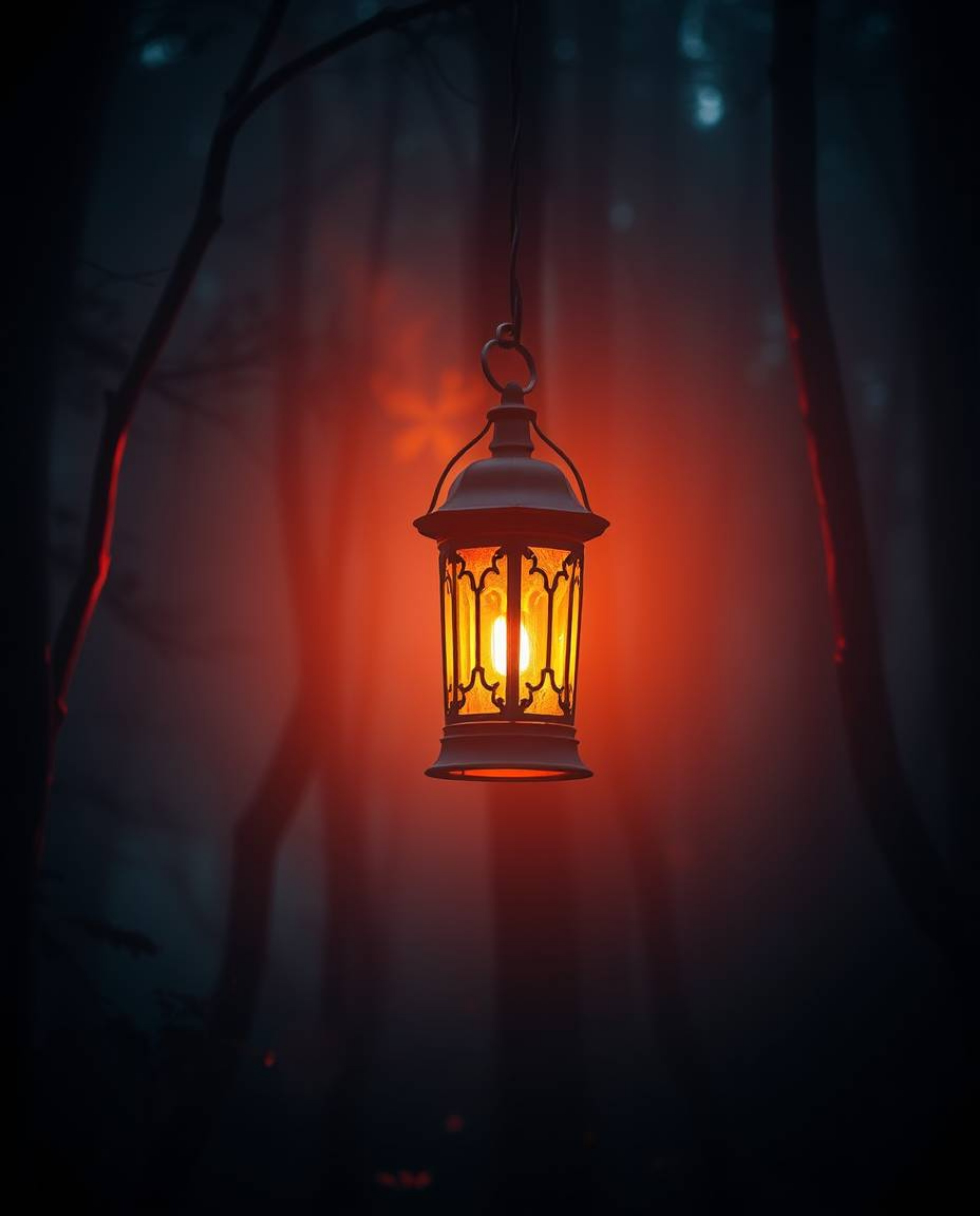 A vibrant and energetic scene depicts a glowing lantern illuminating a dark forest with bright, vibrant colors. The soft, dre