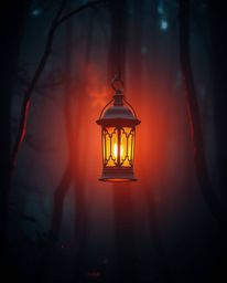 A vibrant and energetic scene depicts a glowing lantern illuminating a dark forest with bright, vibrant colors. The soft, dre