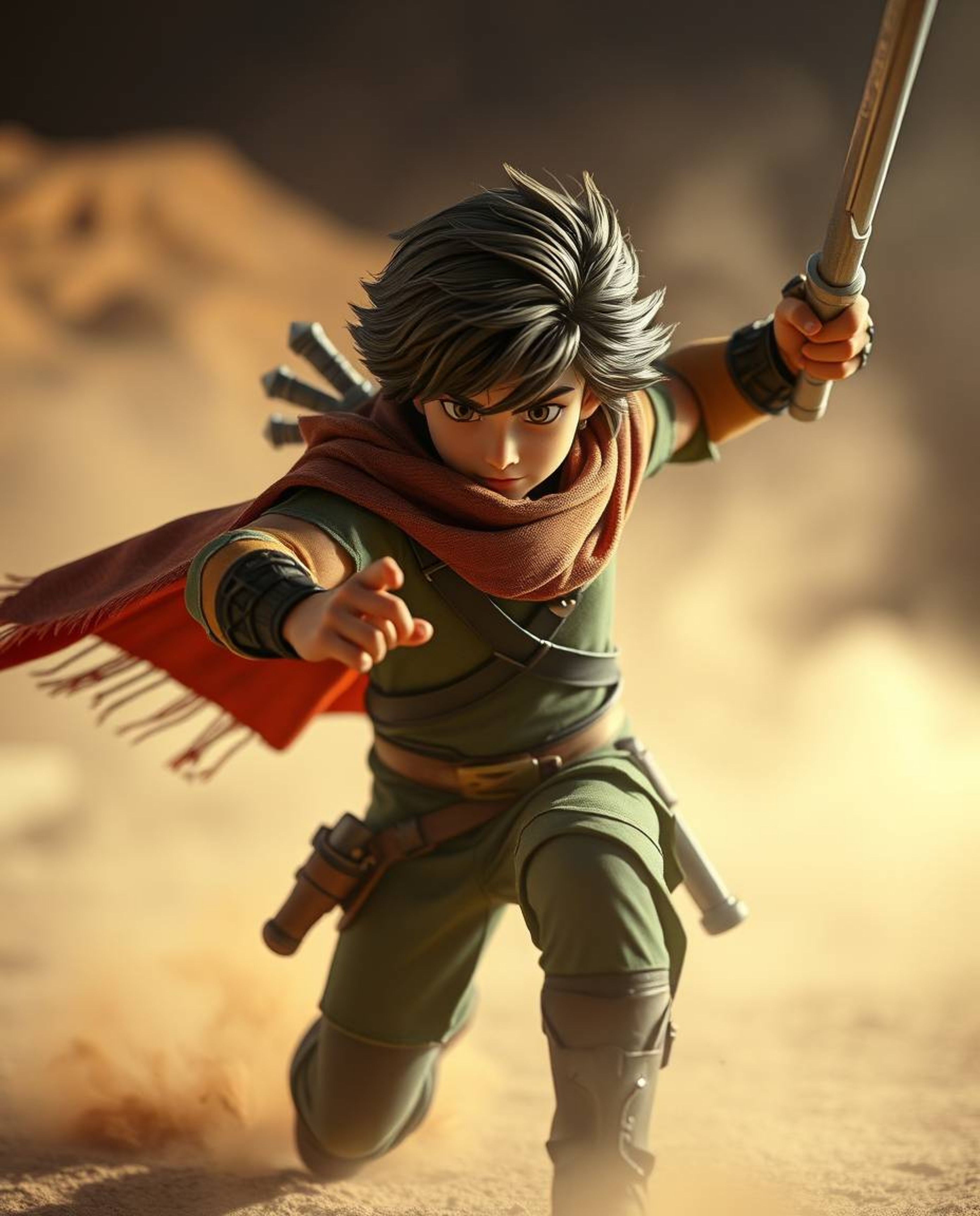 Experience a thrilling Disney-style desert adventure with a brave hero in a dynamic pose. Volumetric lighting illuminates the