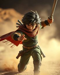 Experience a thrilling Disney-style desert adventure with a brave hero in a dynamic pose. Volumetric lighting illuminates the