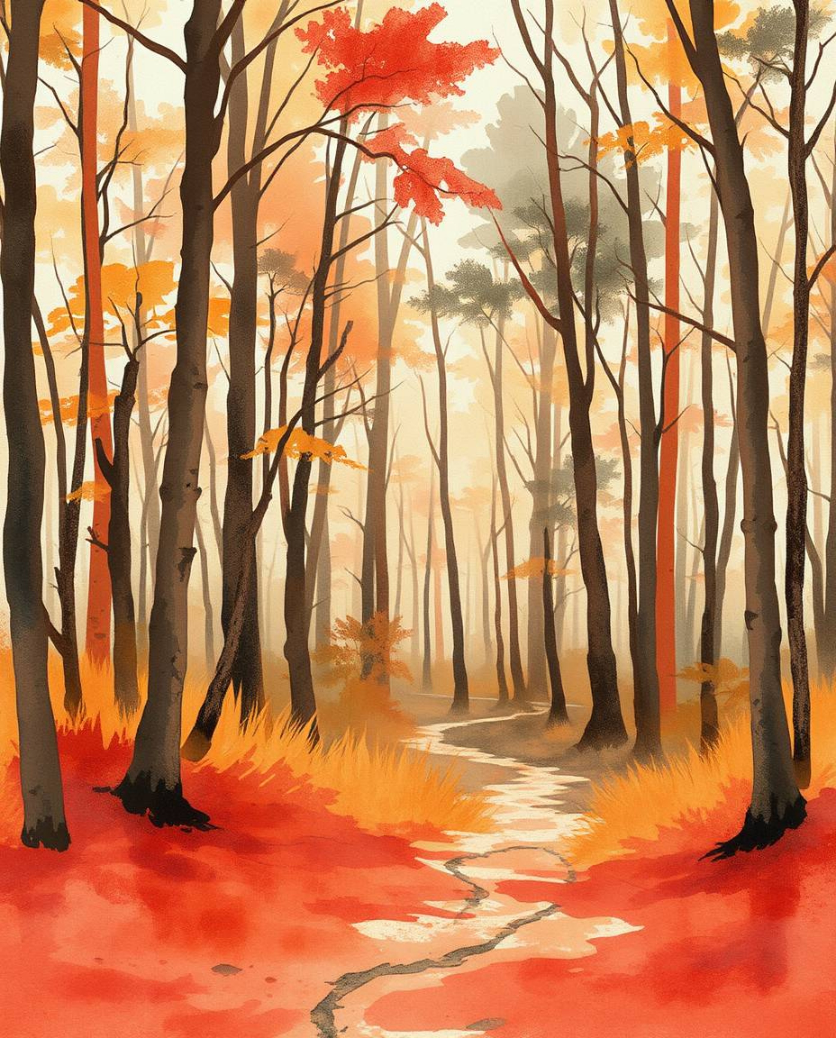 A captivating blend of traditional and digital art. This piece features a delicate watercolor painting of a natural forest sc