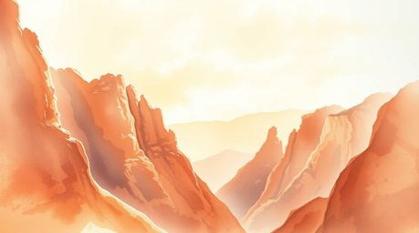 This collection features delicate watercolor paintings of rocky canyons bathed in warm sunset hues. The artworks possess an e