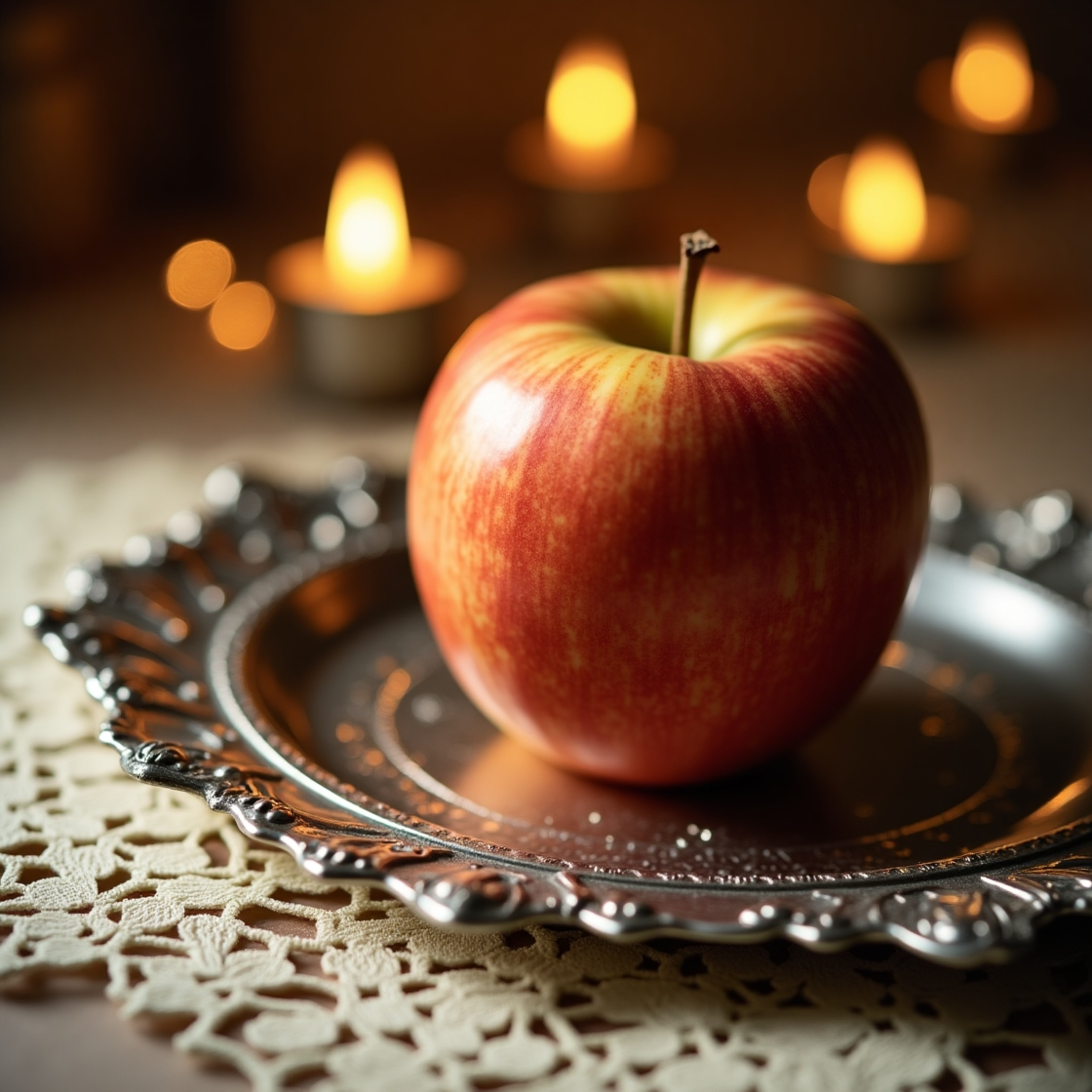 A captivating close-up showcases a perfectly ripened golden apple, its sheen amplified by the warm glow of candlelight.  The 