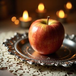 A captivating close-up showcases a perfectly ripened golden apple, its sheen amplified by the warm glow of candlelight.  The 