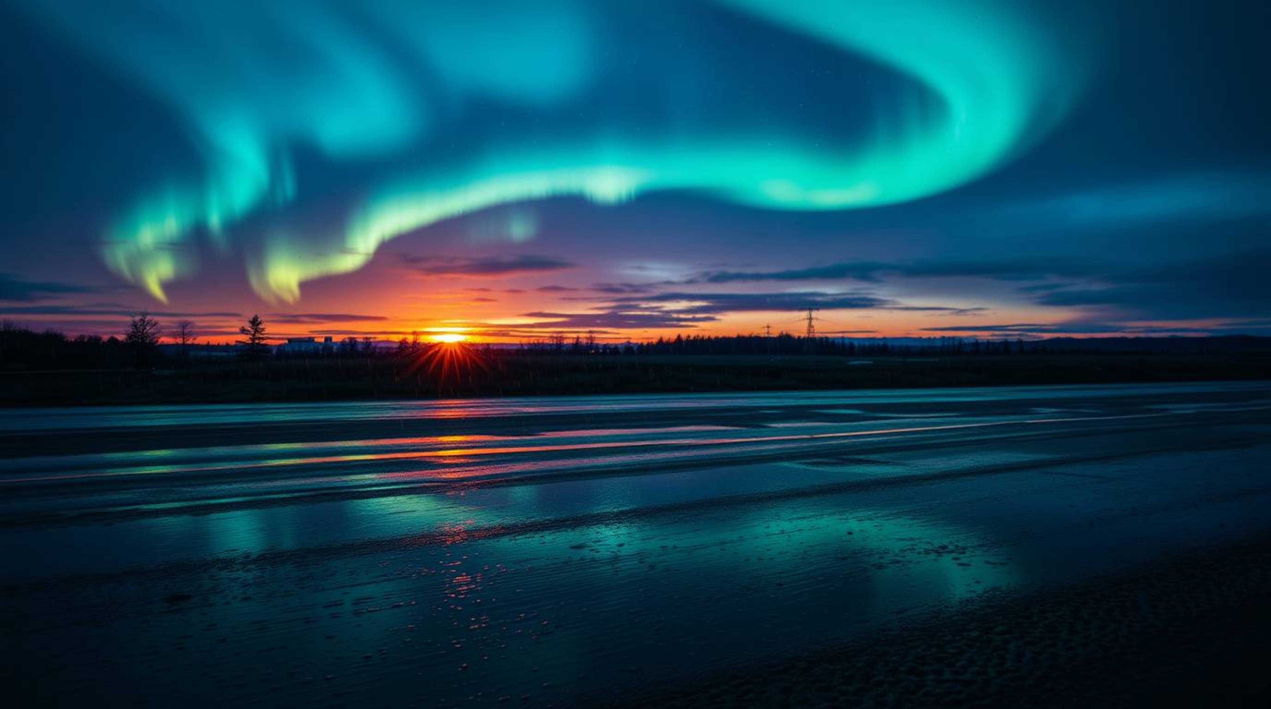 A captivating image depicts the ethereal Northern Lights beginning to emerge over a vibrant sunset sky.  The scene is rendere
