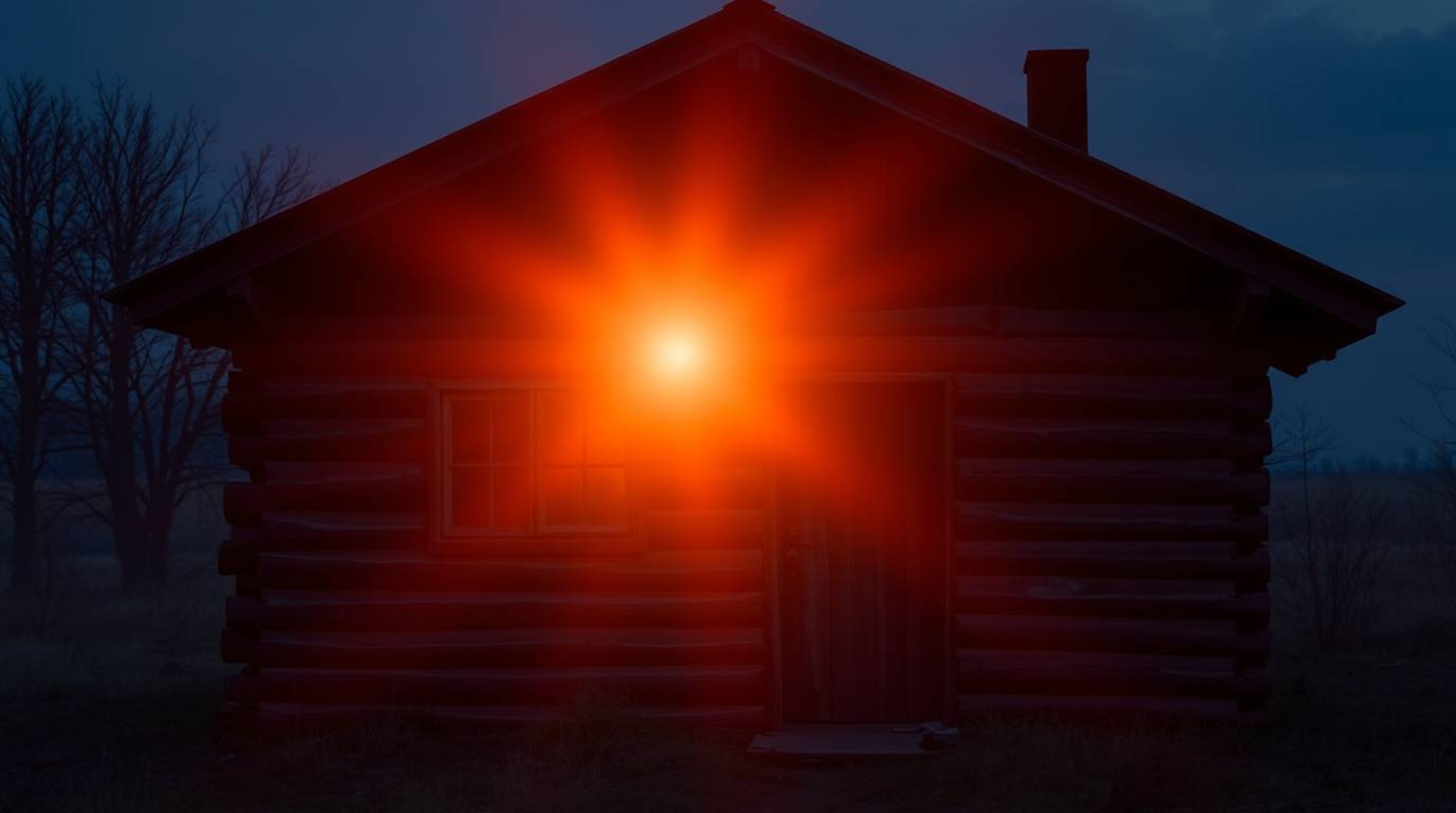 Immerse yourself in a captivating image of an old wooden cabin bathed in the soft, mystical light of sunset. Rich burgundy an