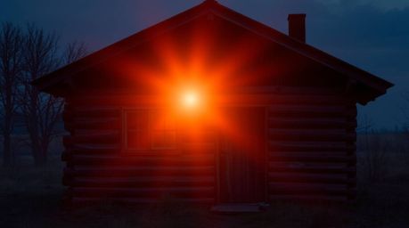 Immerse yourself in a captivating image of an old wooden cabin bathed in the soft, mystical light of sunset. Rich burgundy an