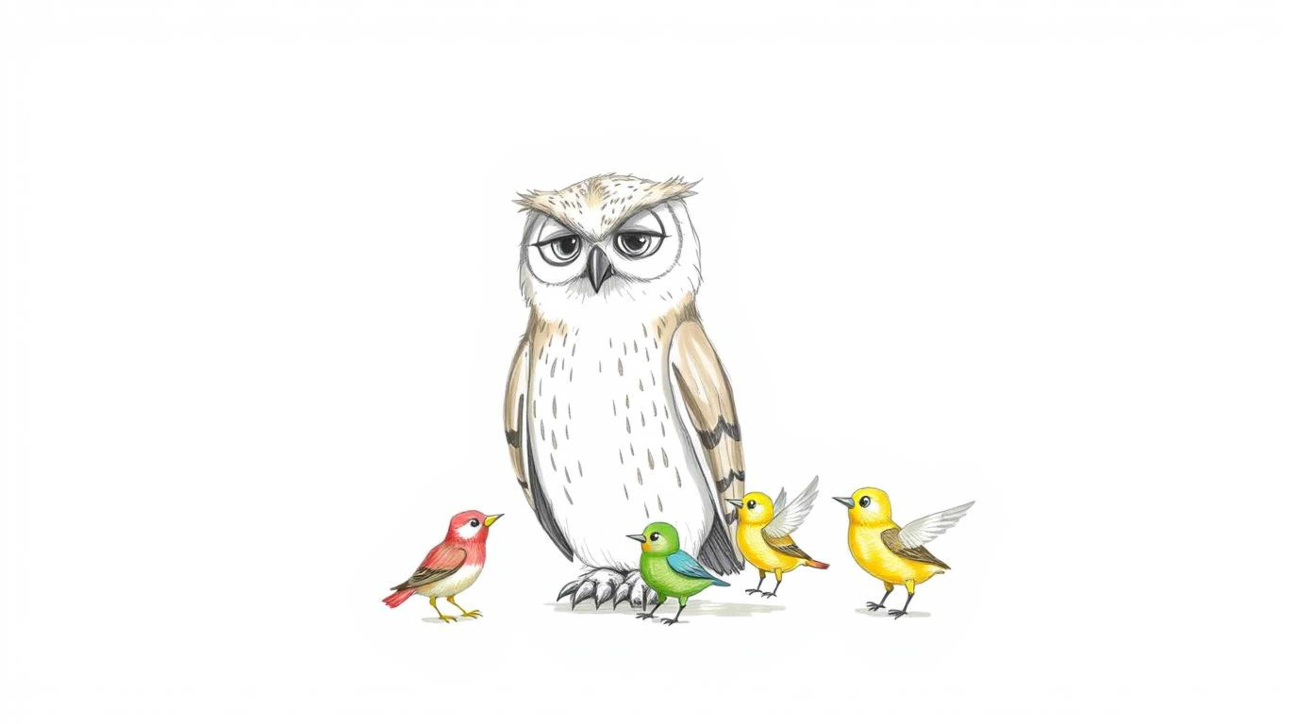 A heartwarming, hand-drawn sketch in the iconic Pixar style depicts a serene, blind owl with exquisitely soft and feathery te