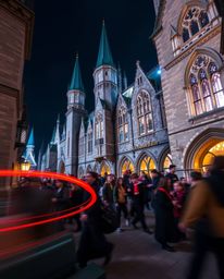 A captivating long exposure photograph capturing a magical school bustling with young wizards. The image features a tight clo