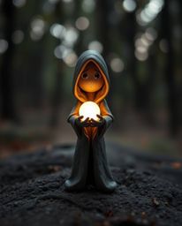 An ethereal piece featuring a cloaked figure in a misty forest, rendered in a sculptural clay art style. The figure holds a g