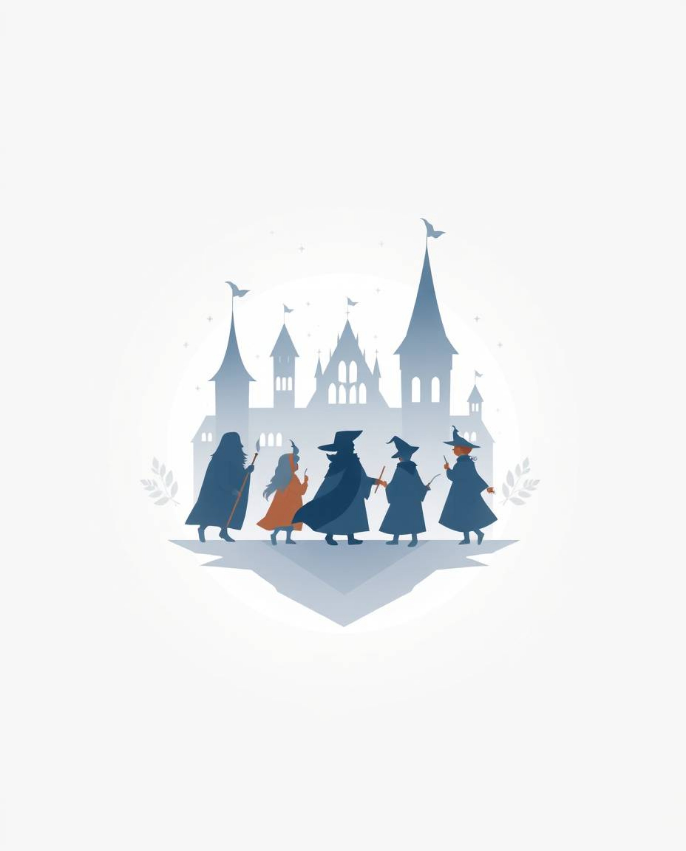 This logo design features a soft, dreamy aesthetic representing a magical school brimming with young wizards. The design empl