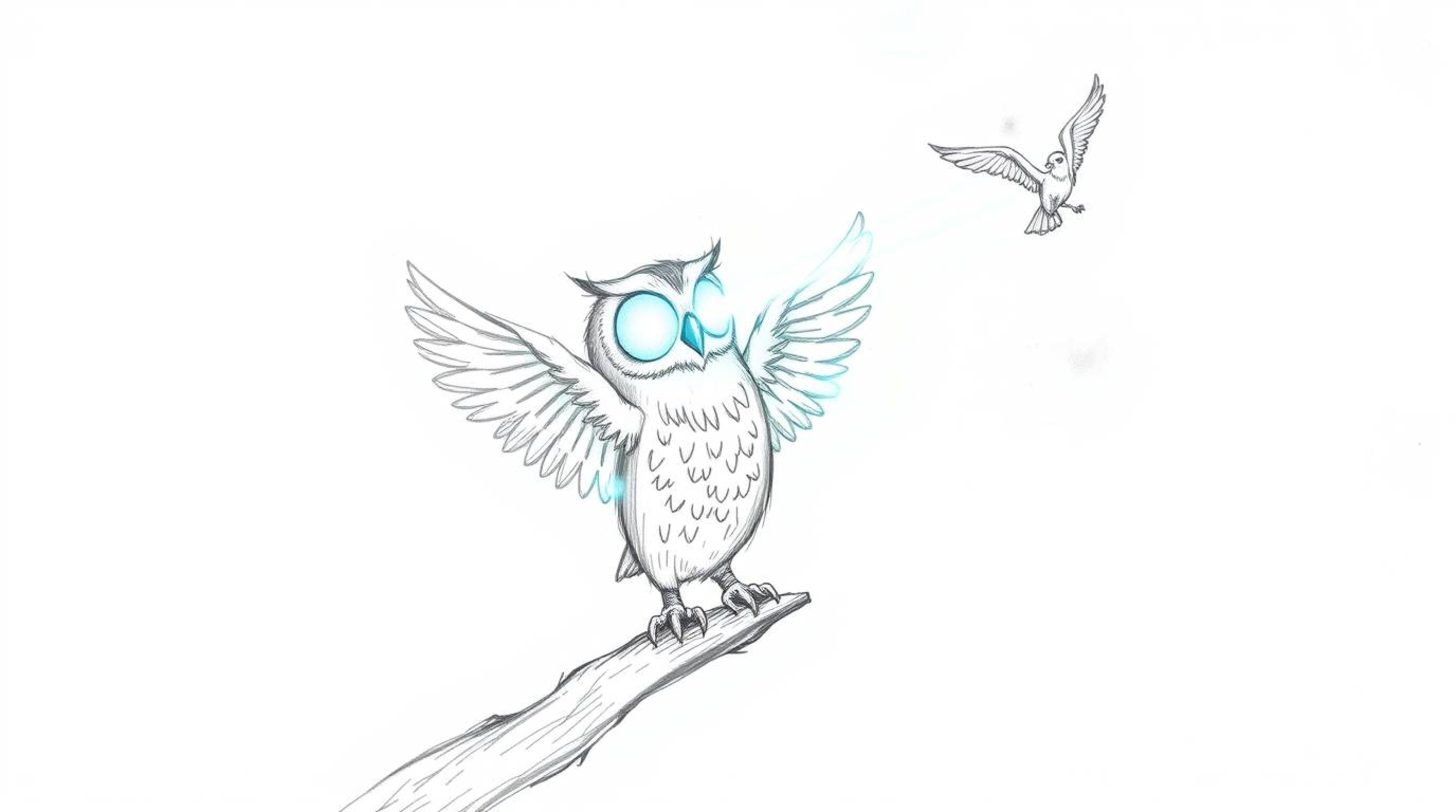 A charming, hand-drawn Pixar-style sketch depicts a blind owl with radiant, glowing feathers, bathed in a warm sunbeam, as it