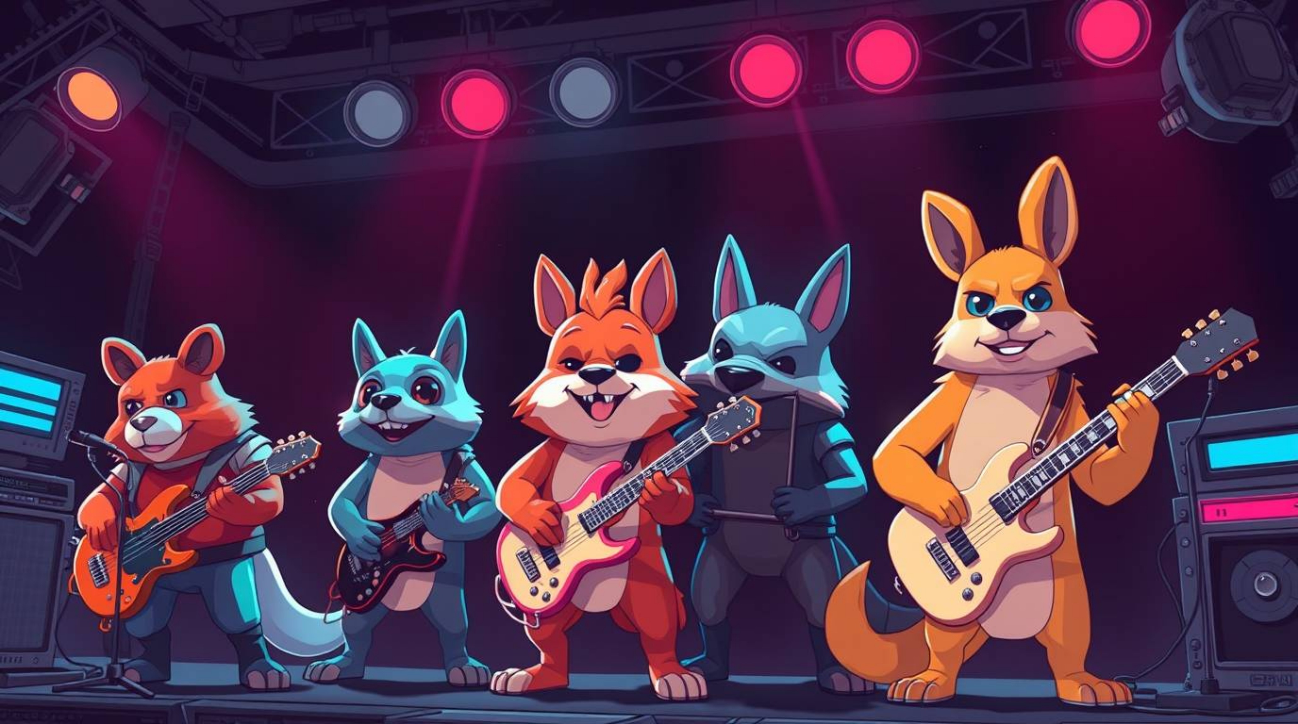 A vibrant and energetic band of cartoon animals shreds on their instruments, delivering a high-octane rock performance in a f
