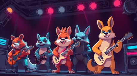 A vibrant and energetic band of cartoon animals shreds on their instruments, delivering a high-octane rock performance in a f
