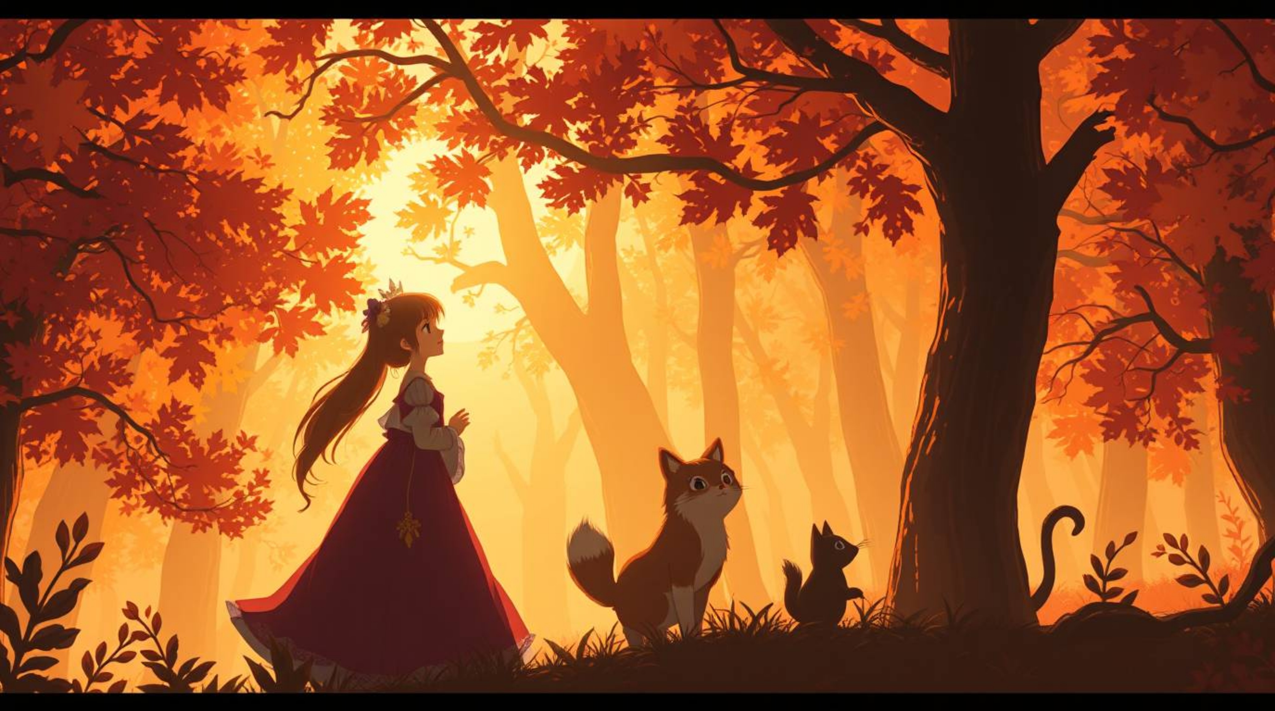 A charming vintage 2D animation depicting a princess singing with forest animals amidst a warm autumn backdrop. The isekai-i