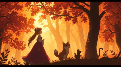 A charming vintage 2D animation depicting a princess singing with forest animals amidst a warm autumn backdrop. The isekai-i