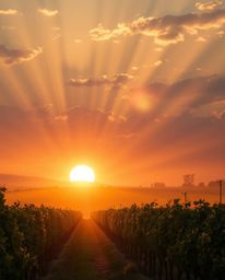 This is a modern and grand depiction of a massive-scale sunset over a vineyard, amplified by stunning volumetric lighting and