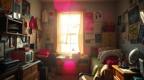 A charming and adorable image of a messy bedroom scene, bathed in bright light creating vibrant lens flares.  The room is fil