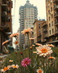 Explore a surreal scene where vibrant flowers defy the desolation of a post-apocalyptic city. Bathed in natural earth tones a