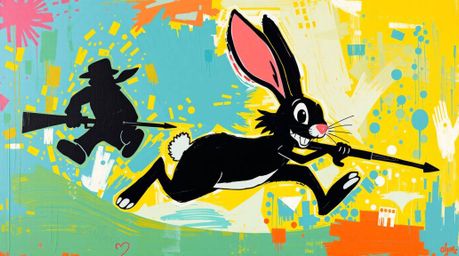 This bold acrylic painting depicts a silhouetted, wacky rabbit with oversized features, comically outrunning a hunter. The sc
