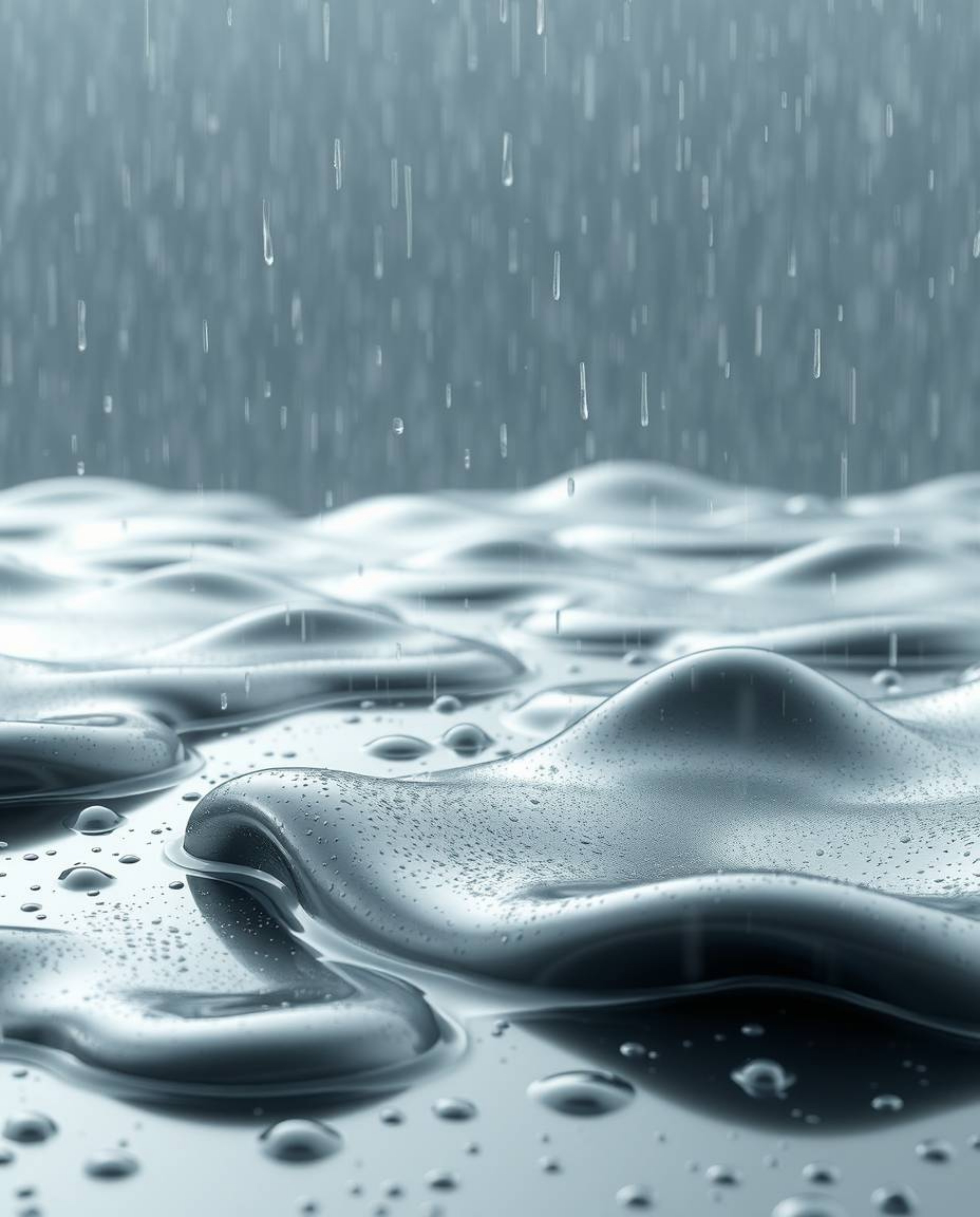 A captivating wet rainy scene featuring smooth 3D fluid shapes adorned with metallic textures, seemingly floating in zero gra