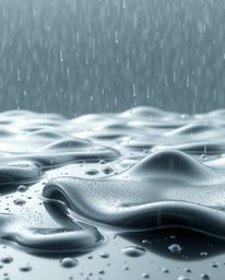 A captivating wet rainy scene featuring smooth 3D fluid shapes adorned with metallic textures, seemingly floating in zero gra