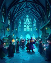 Discover a captivating digital painting of a magical school brimming with young wizards. Rendered in a stunning palette of c