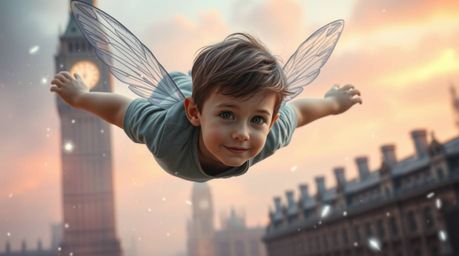 A young boy with gentle features soars above the enchanting city of London, propelled by magical pixie dust. The scene is re