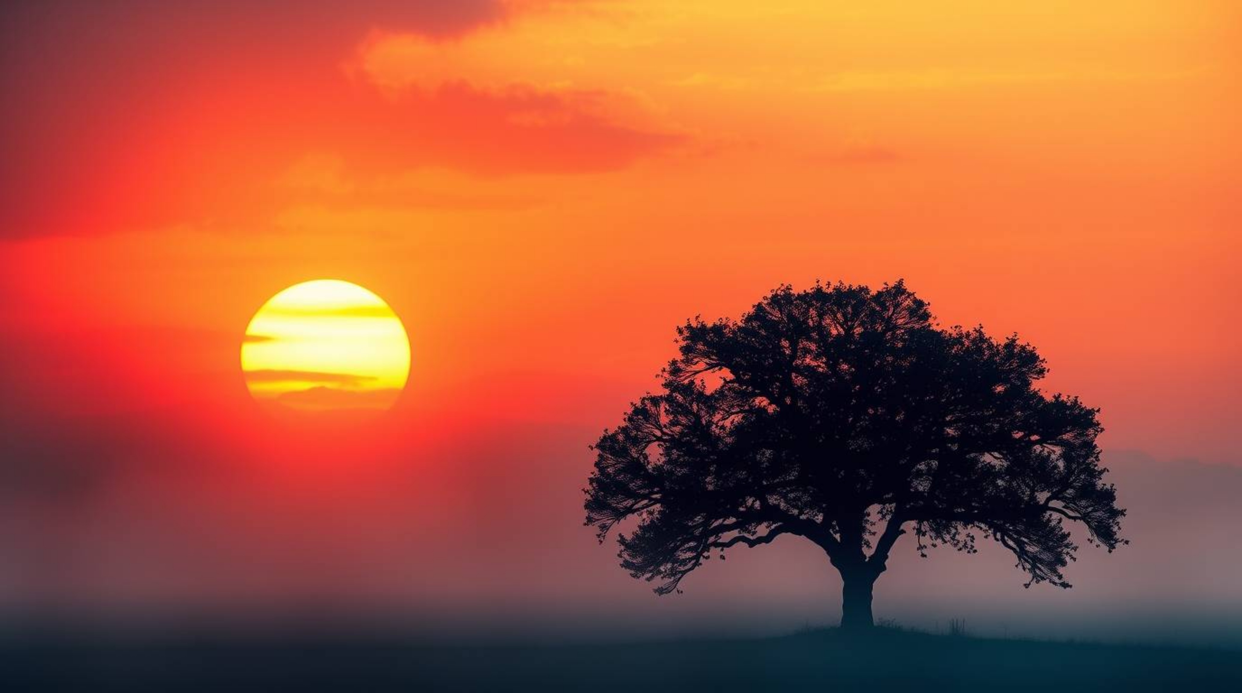 A captivating image of a lone tree silhouetted against a vibrant fiery sunset. The scene evokes an ethereal and spiritual vi