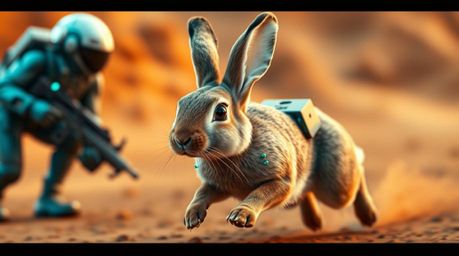 A wacky rabbit with futuristic features and teal accents is desperately outrunning a technologically advanced hunter, creatin